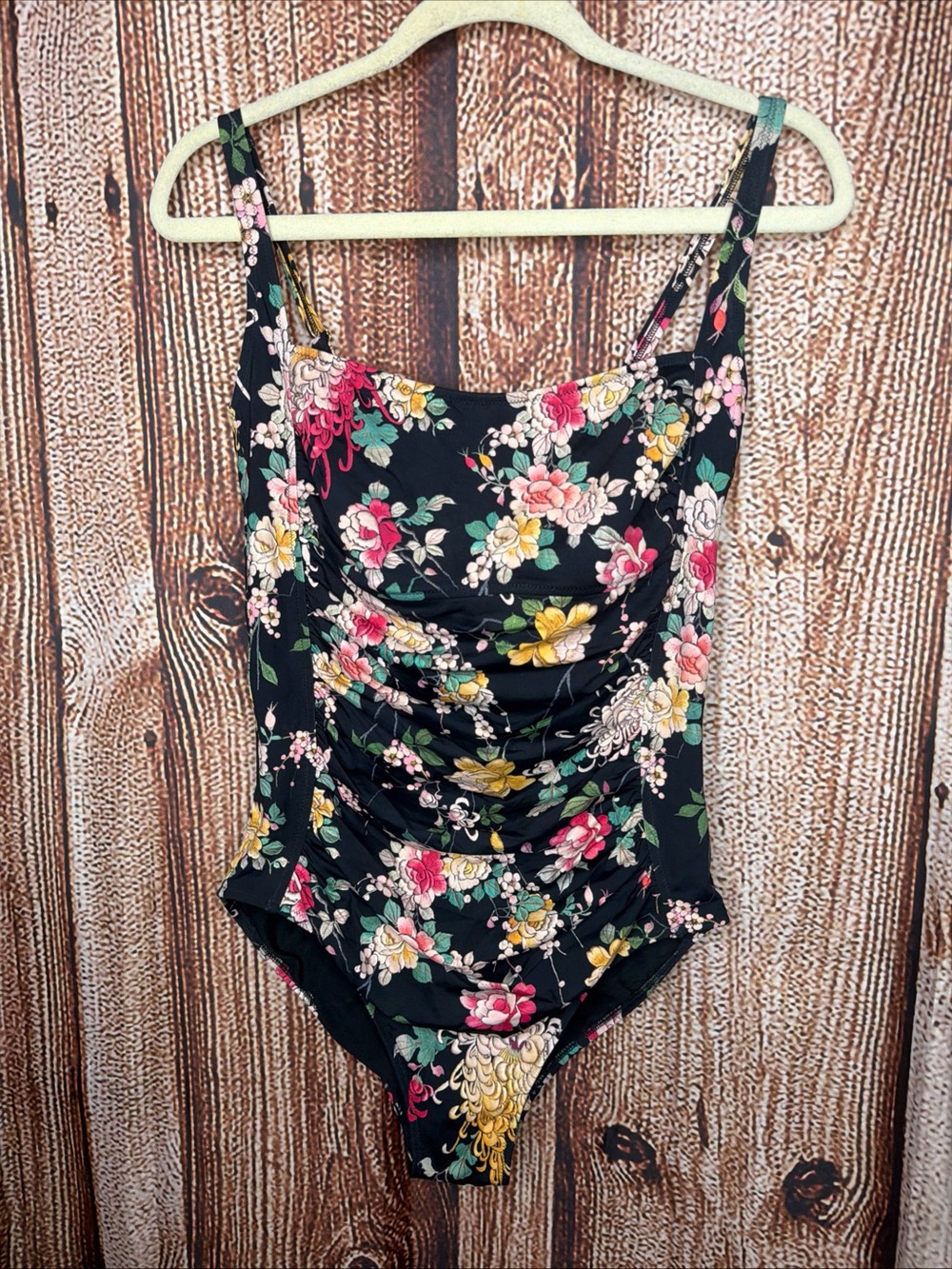 Johnny Was Wild Bloom Black Ruched One-Piece Swimsuit Size XL